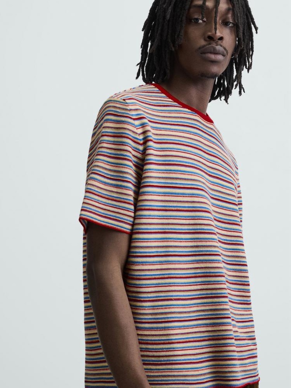 Zara Multicolor Horizontal Stripe Short-Sleeve Tee with Red Trim